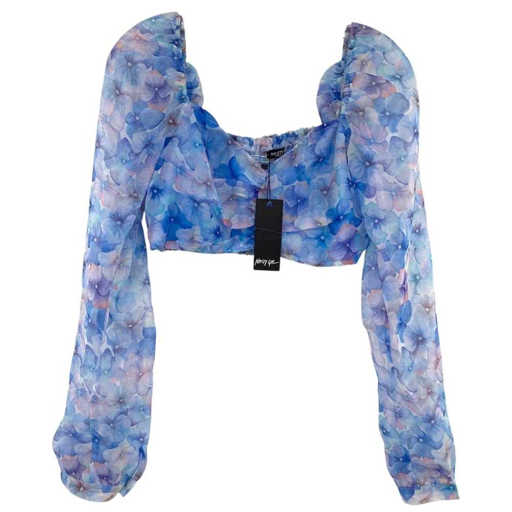 Nasty Gal Floral Sweatheart Crop Top Sheer Balloon Sleeve New